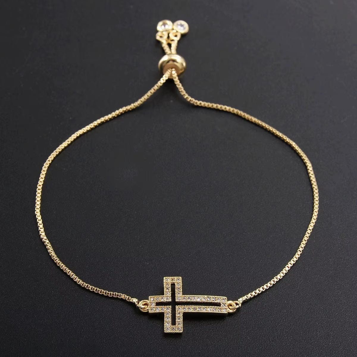 Fashion Copper Zirconia Cross Bracelet Men Women Universal Gold Simple Adjustable Chain Bracelet Party Jewelry