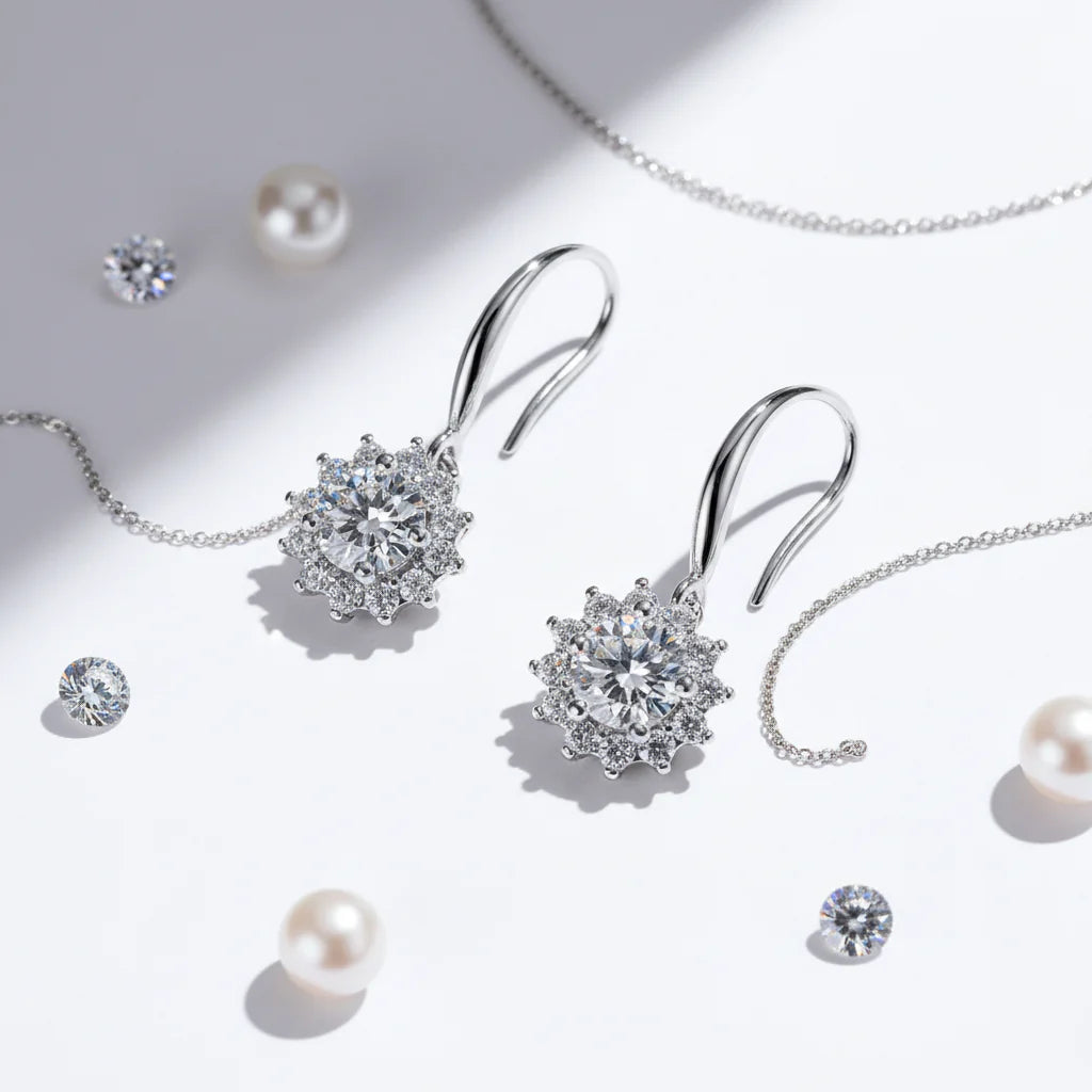 Sterling Silver White Gold Plated Moissanite Sunflower Dangle Earrings Wedding Jewelry S925