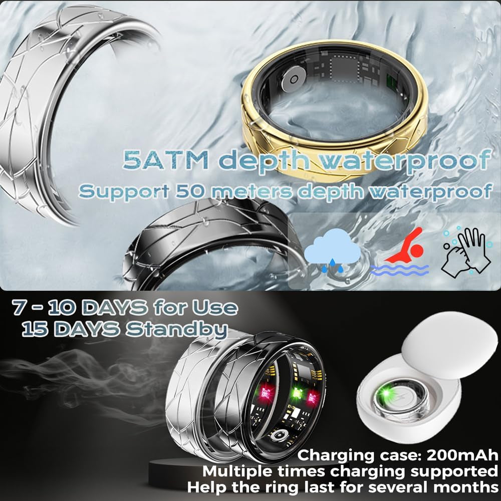 Smart Ring Fitness Tracker Sleep Tracking Heart Rate Monitor Pedometer, Waterproof Activity Tracker Fitness Ring Steps Counter, Gesture Controls for Short Video, 8 Days Last, Silver, #12