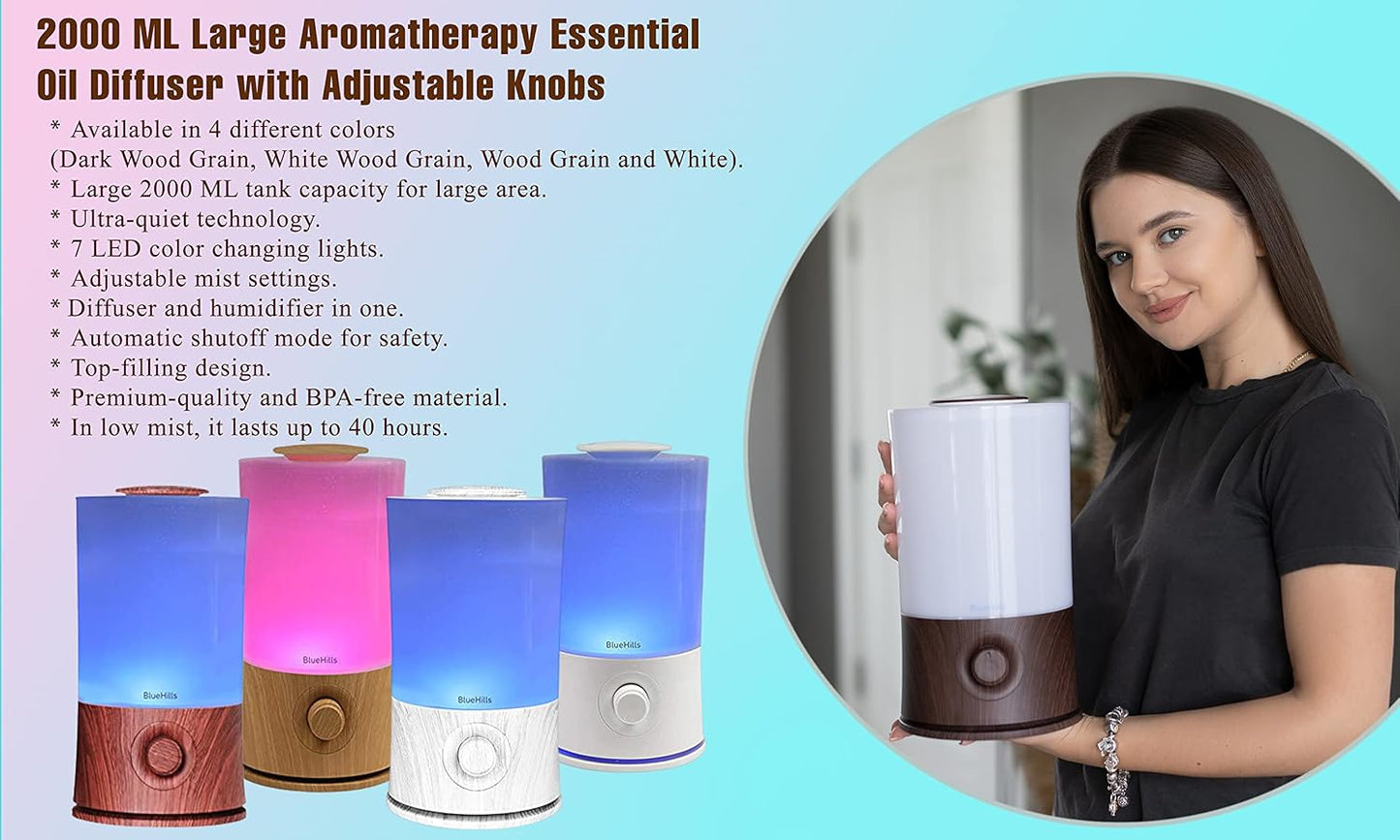 Premium 2000 ML XL Large Essential Oil Diffuser Aromatherapy Humidifier for Large Room Home 40 Hour Run Huge Coverage Area Lights 2 Liter Extra Large Capacity Diffuser White Wood Grain E004