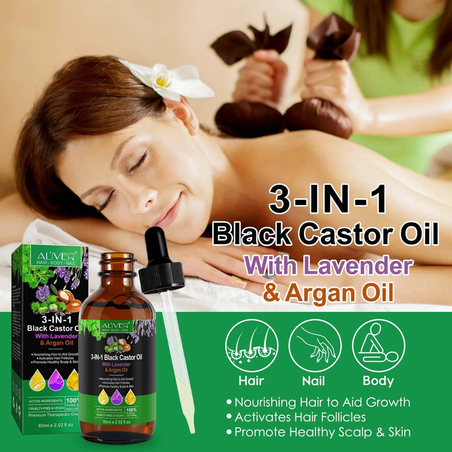 3-IN-1 Black Castor Oil with Lavender & Argan Oil, 100% Pure & Natural, Hair Care & Skin Care, Organic Cold-Pressed, Cruelty-Free & Vegan, 2.02 Fl Oz