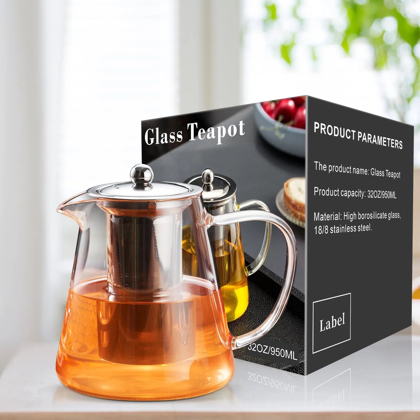 32Oz/ 950ML Borosilicate Glass Stovetop Teapot with Removable 18/8 Stainless Steel Inf for Blooming & Loose Leaf Tea, Camping & Travel