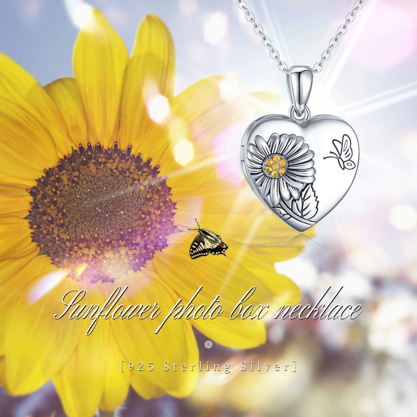 Heart Sunflower Locket Necklace 925 Sterling Silver Sunflower Butterfly Locket Necklace That Hold 2 Photos Locket Jewelry Gift for Women