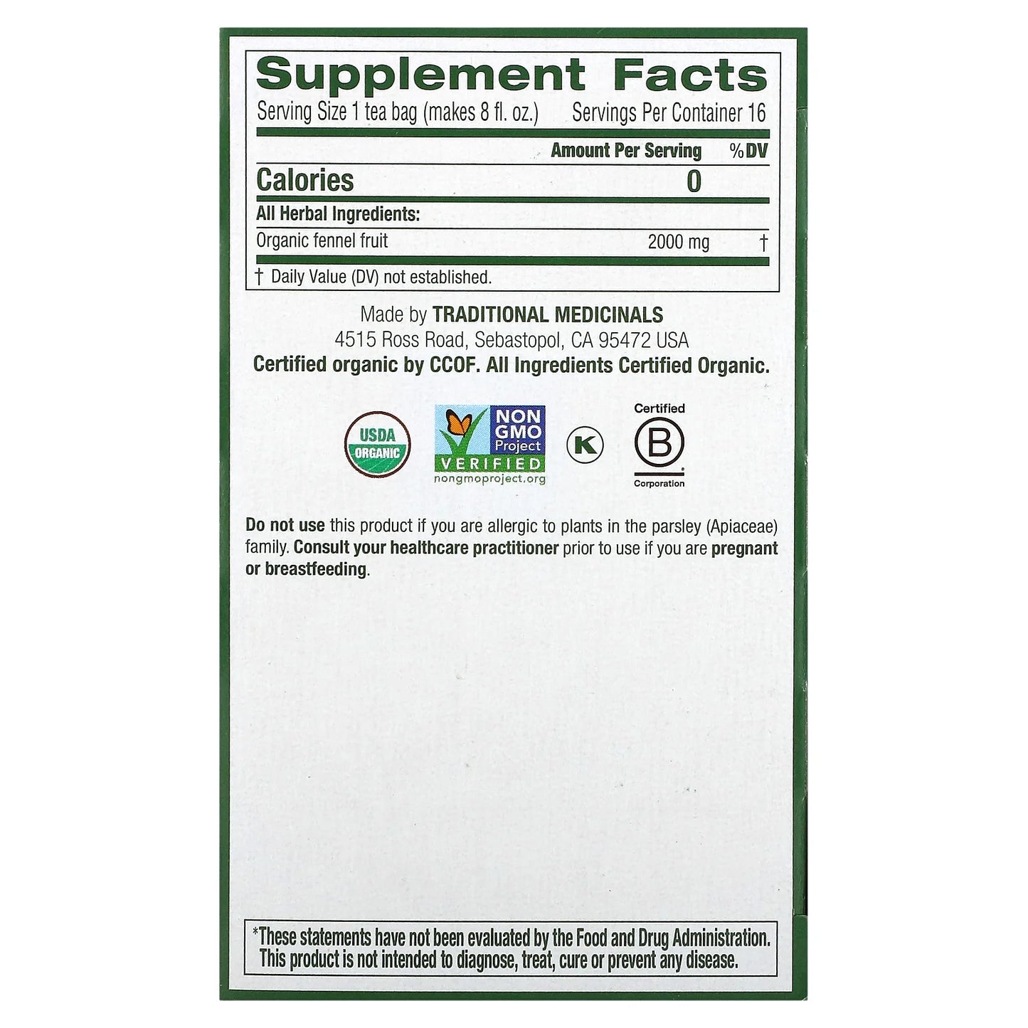 Organic Herbal Tea Fennel, 16 Bags