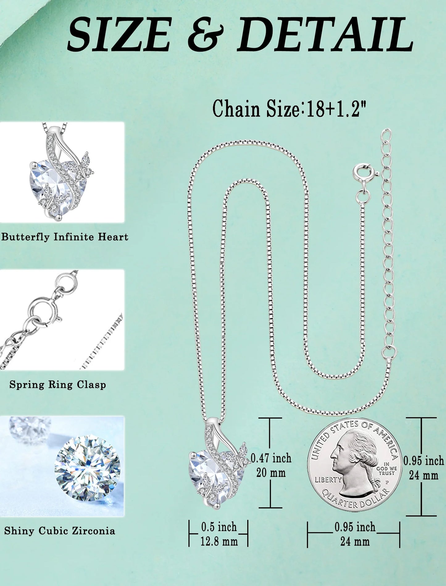 Infinite Heart Pendant Sterling Silver Butterfly Necklace for Women Jewelry Gift with Birthstone April Cubic Zirconia