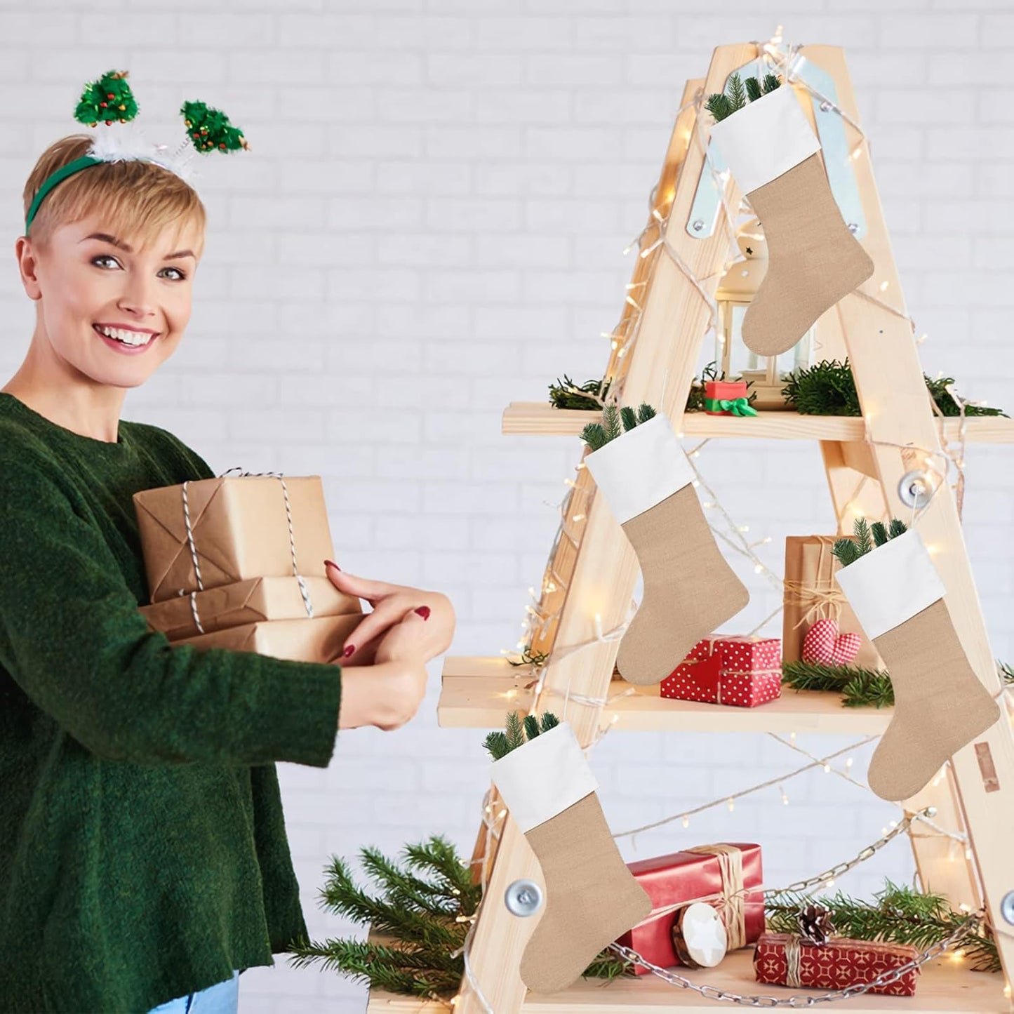 18" Burlap Christmas Stockings Bulk Plain Xmas Neutral Stockings for Fireplace Hanging,Pack 10