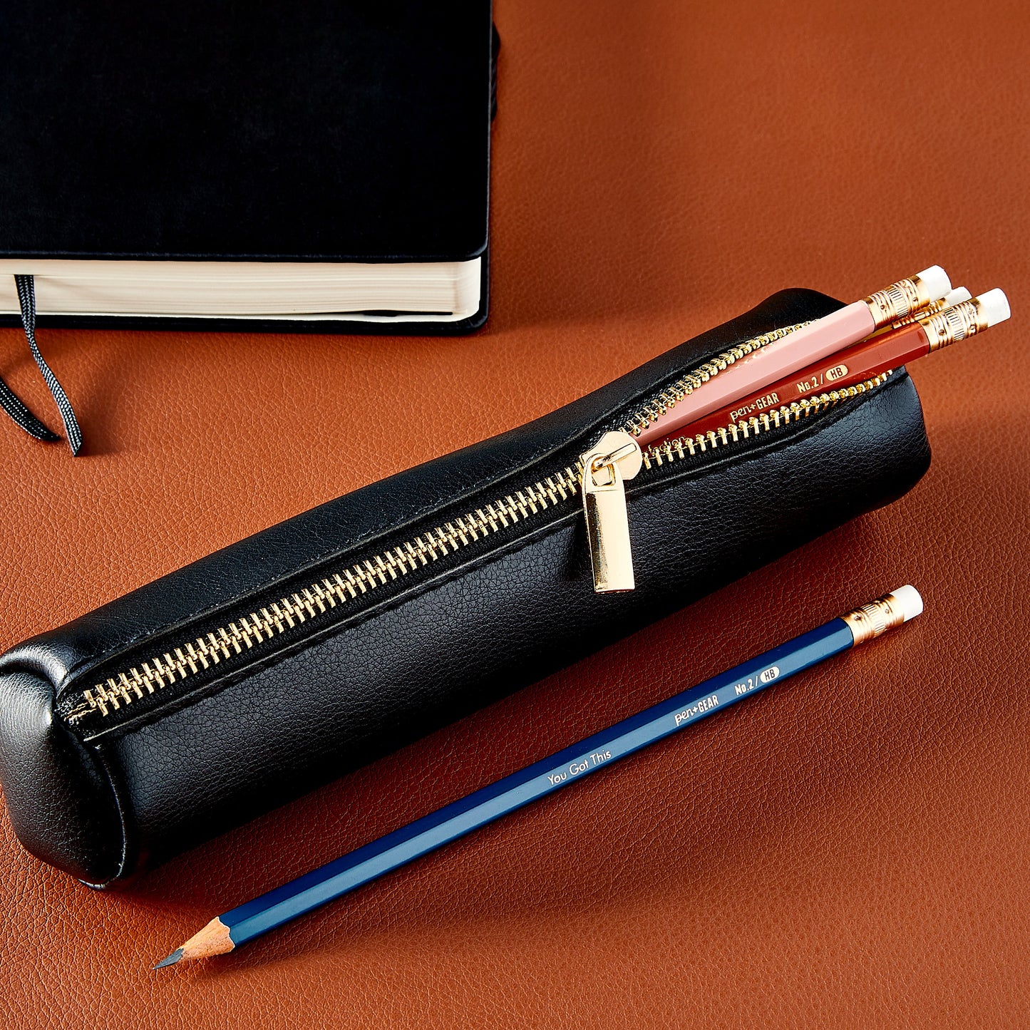 Pen + Gear Simulated Leather Pencil Pouch, Zipper Pull, Black