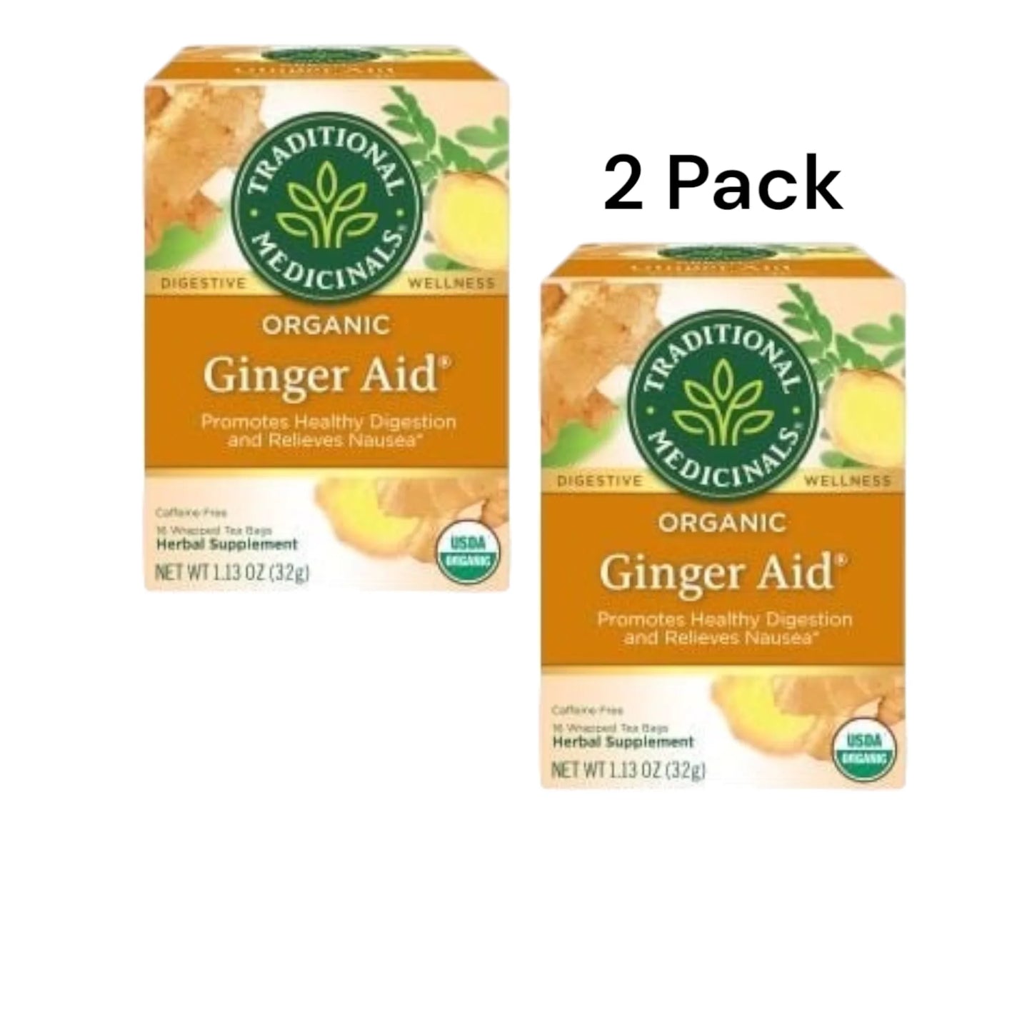 ( 2 Pack ) Traditional Medicinal Herbal Ginger Aid, Organic Tea Bags, 16 Count