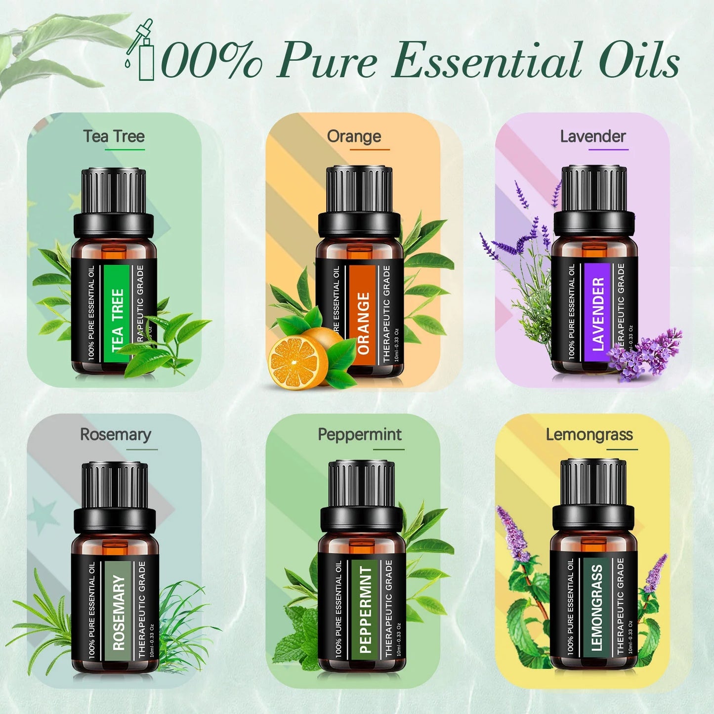 Essential Oils Set, Fragrance Oils Gift Set for Diffuser - Peppermint,Lemongrass,Tea Tree,Rosemary,Lavender,Orange Kit (6 X 10ML)