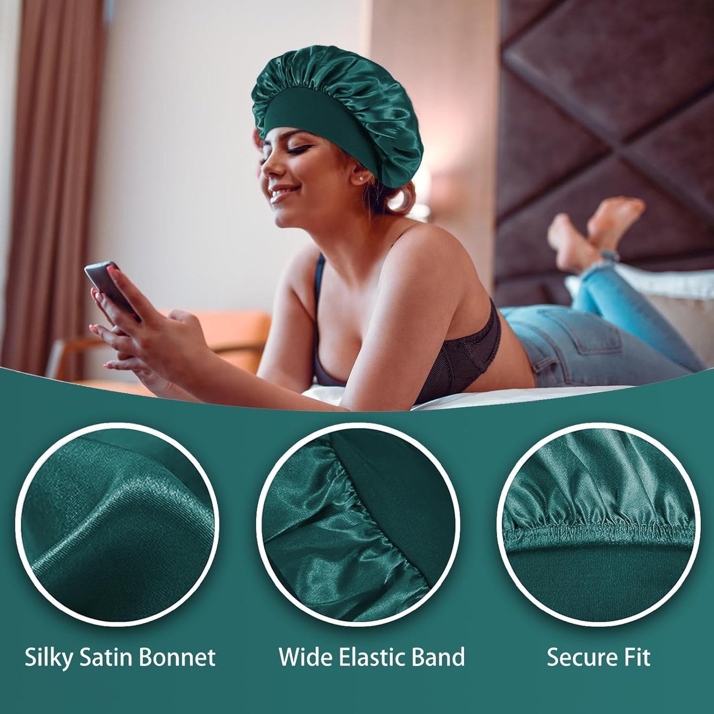 4PCS Silk Satin Bonnets for Black Women & Men - Elastic Wide Band Hair Wrap Cap for Curly Hair - Shower Cap for Sleeping (Black, Peacock Blue, Pink, Khaki)