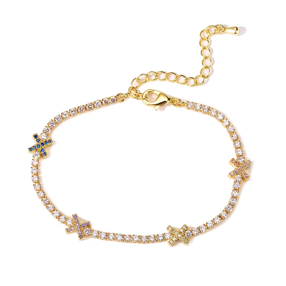 2Pcs Cross Design round Zircon CZ Tennis Bracelet for Women Simple White Gold Color Shiny Daily Stacked Bracelets