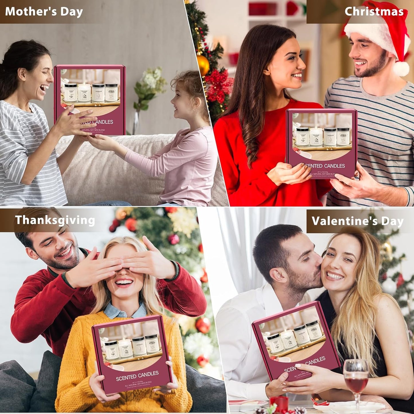 Soy Wax Scented Candle Gift Set, 4 Pack Lavender, Orange & Ginger, Vanilla Scents, Long Lasting Aromatherapy Candles for Home, Relaxing Holiday & Thanksgiving Christmas Gifts for Women, Mom & Friends