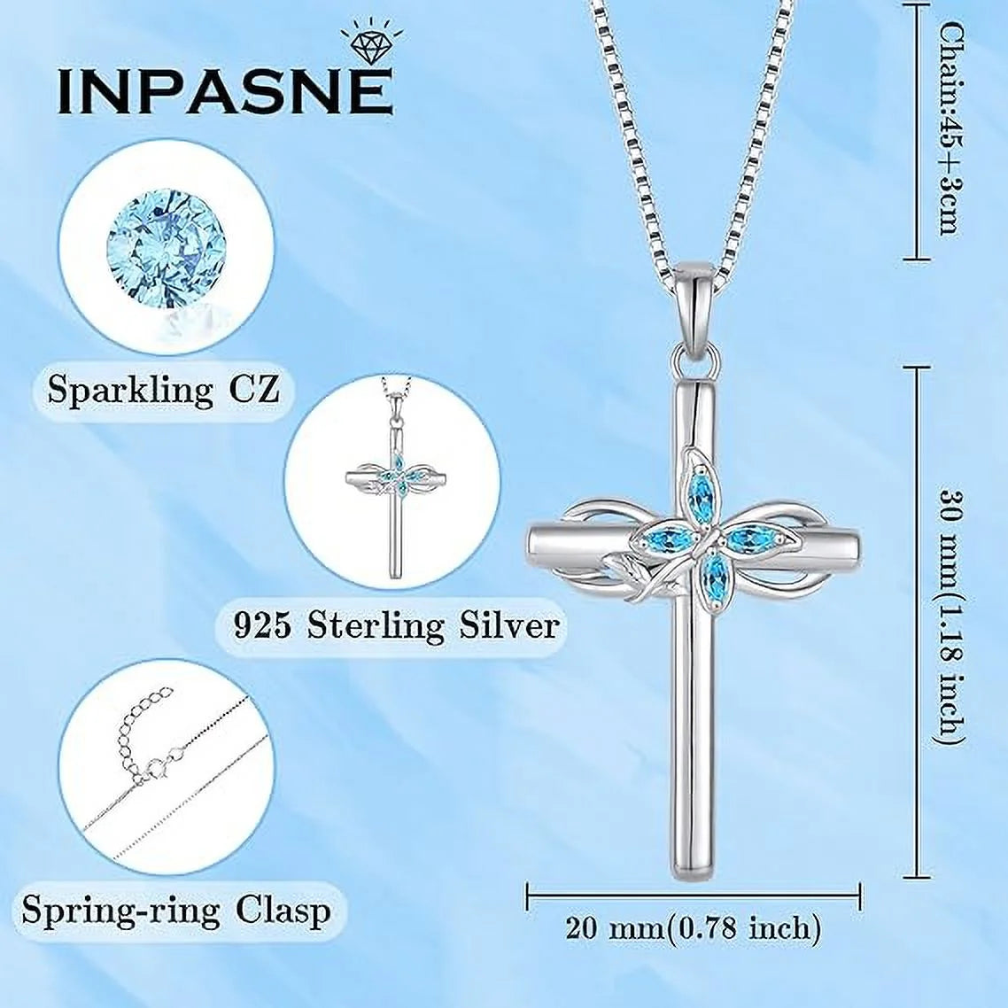 Cross Necklace for Women 925 Sterling Silver Infinity Butterfly Aquamarine Necklace March Birthstone Jewelry Gifts for Women Her Mom Wife Girlfriend Daughter