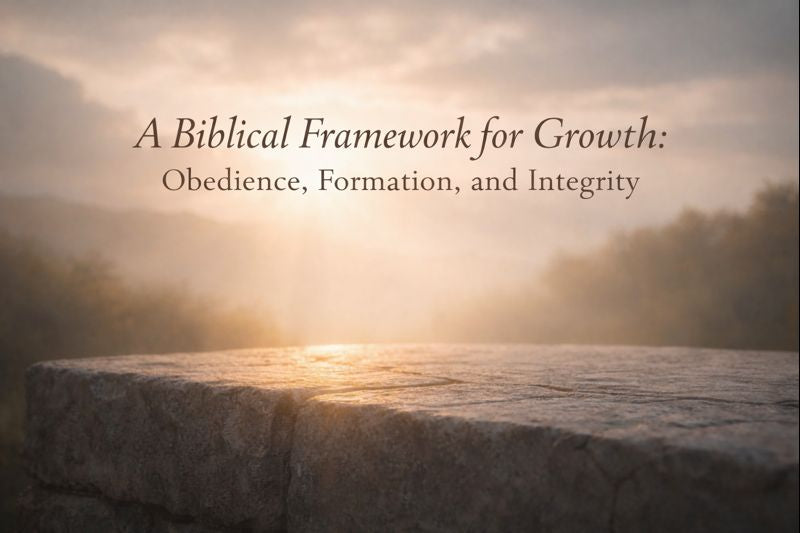 Sunrise over misty hills illuminating a stone platform, symbolizing spiritual growth and foundation, with text reading “A Biblical Framework for Growth: Obedience, Formation, and Integrity.”