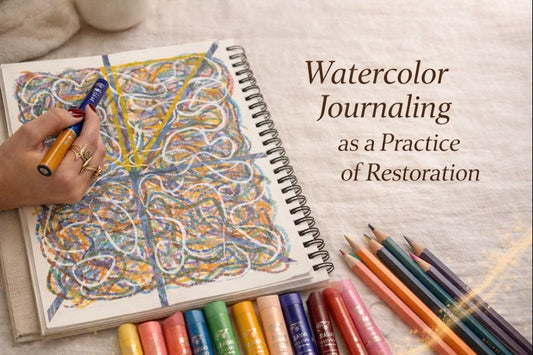 Hand creating an abstract watercolor journaling page using watercolor crayons and pencils in a spiral-bound journal
