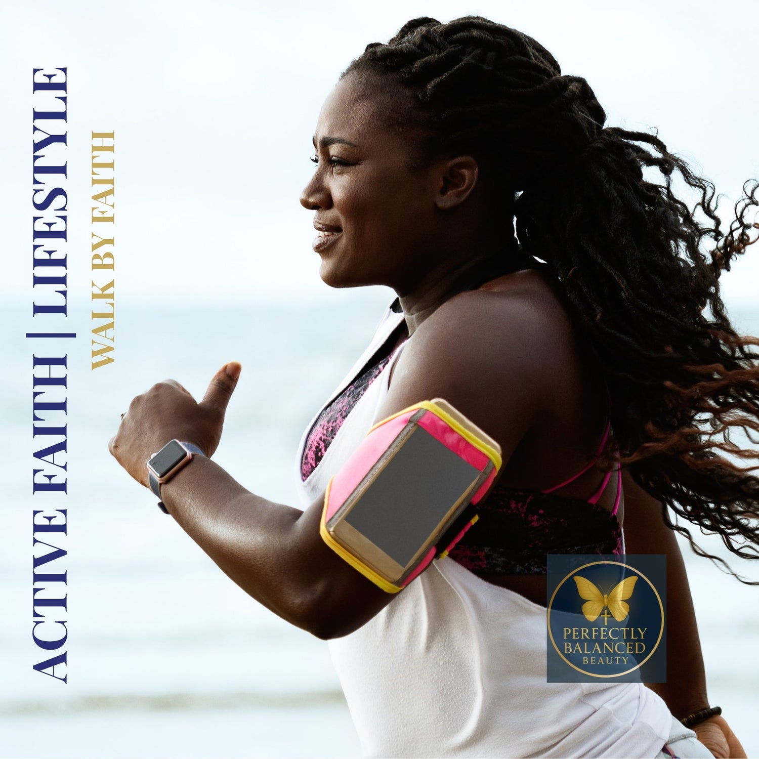 Woman running in faith-inspired activewear—representing movement, purpose, and wellness from the Active Faith Lifestyle collection by Perfectly Balanced Beauty.