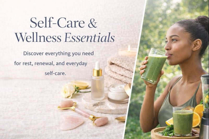 Self-care and wellness essentials showing skincare products alongside healthy nutrition, representing outer beauty and inner health.