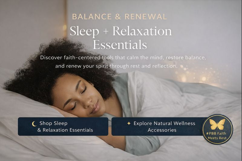 A peaceful woman resting on a white pillow under soft light, symbolizing faith-inspired calm and renewal from the Sleep & Relaxation Essentials collection by Perfectly Balanced Beauty.