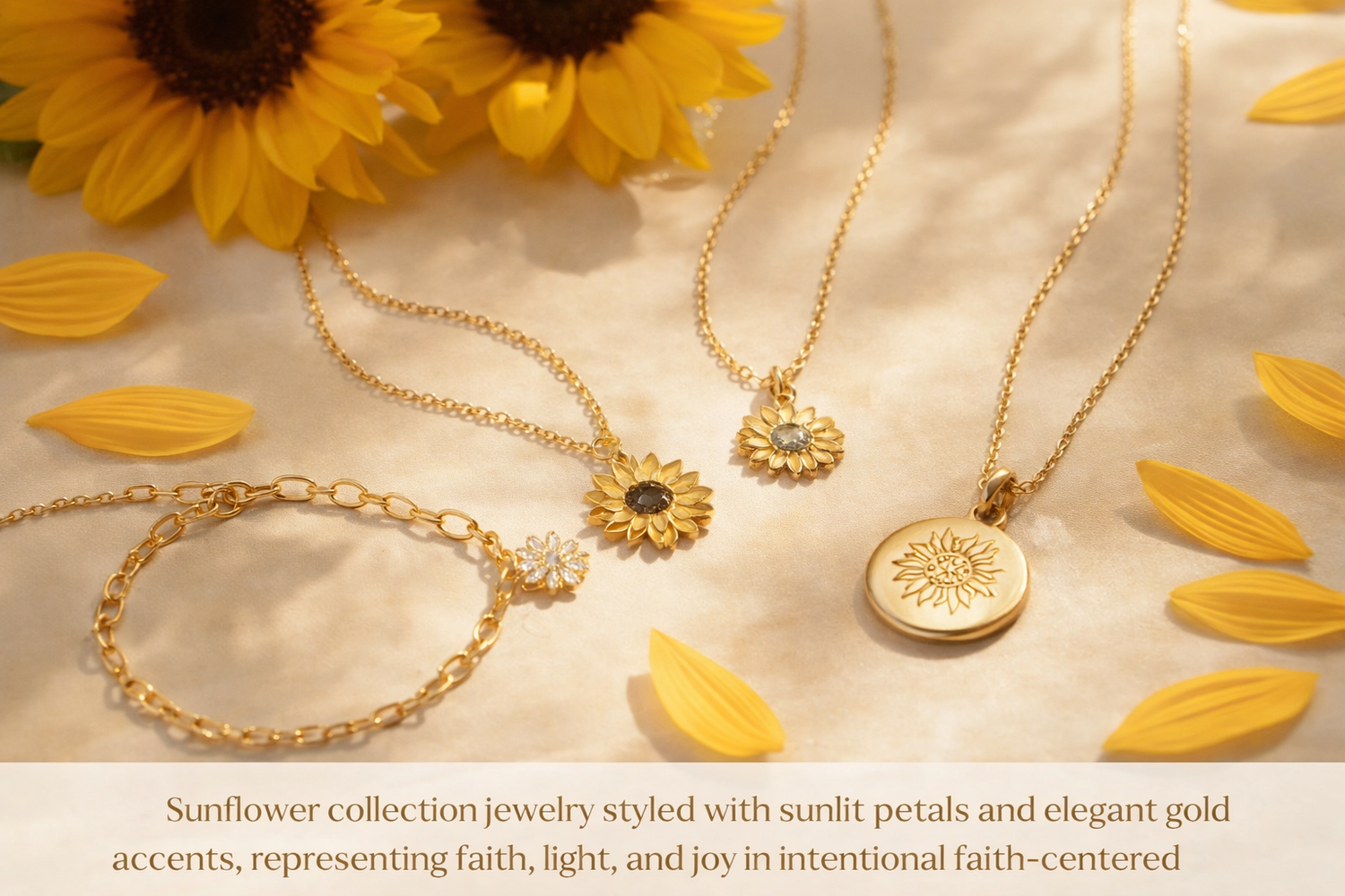Sunflower collection jewelry styled with sunlit petals and elegant gold accents, representing faith, light, and joy in intentional faith-centered accessories.