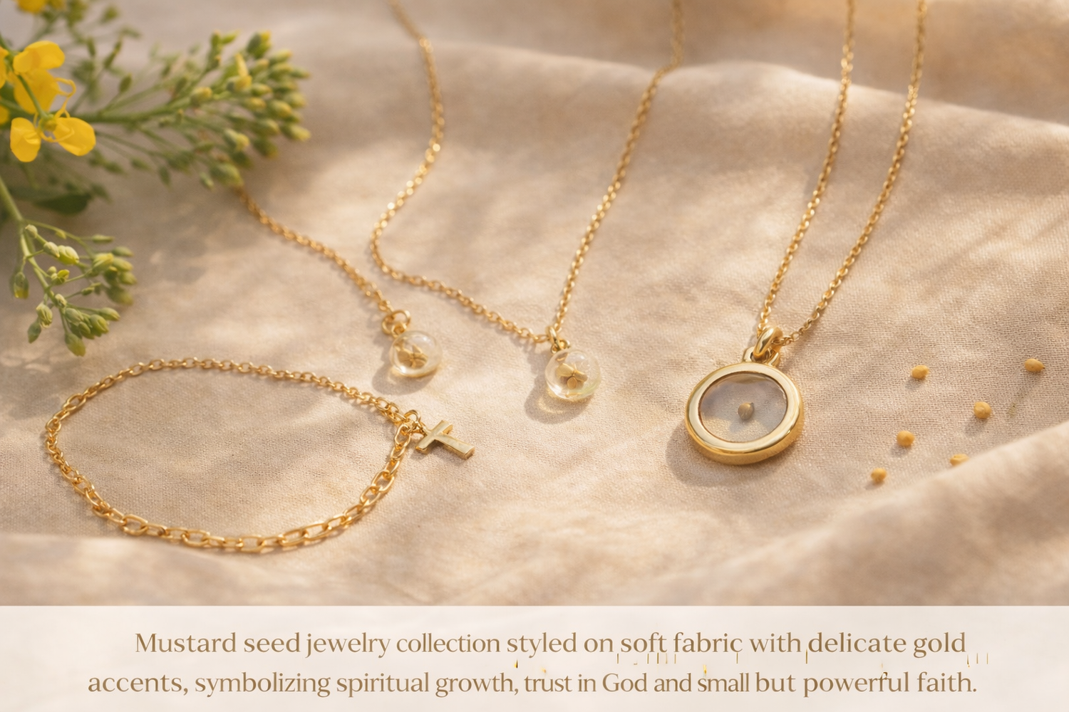 Mustard seed faith jewelry collection featuring delicate gold pieces symbolizing spiritual growth, trust in God, and the power of small faith rooted in biblical promise.