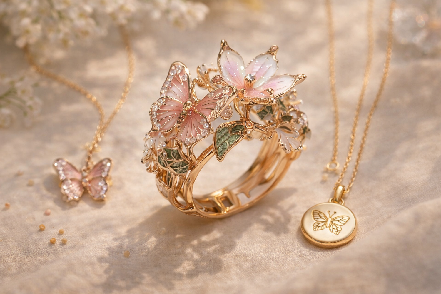 Elegant butterfly ring in rose gold with soft pink wings and floral accents, representing transformation, new beginnings, and faith-led renewal.