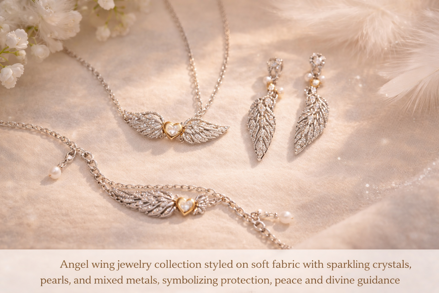 Angel wing jewelry collection styled on soft cream fabric with silver and gold accents, symbolizing protection, peace, and divine guidance.