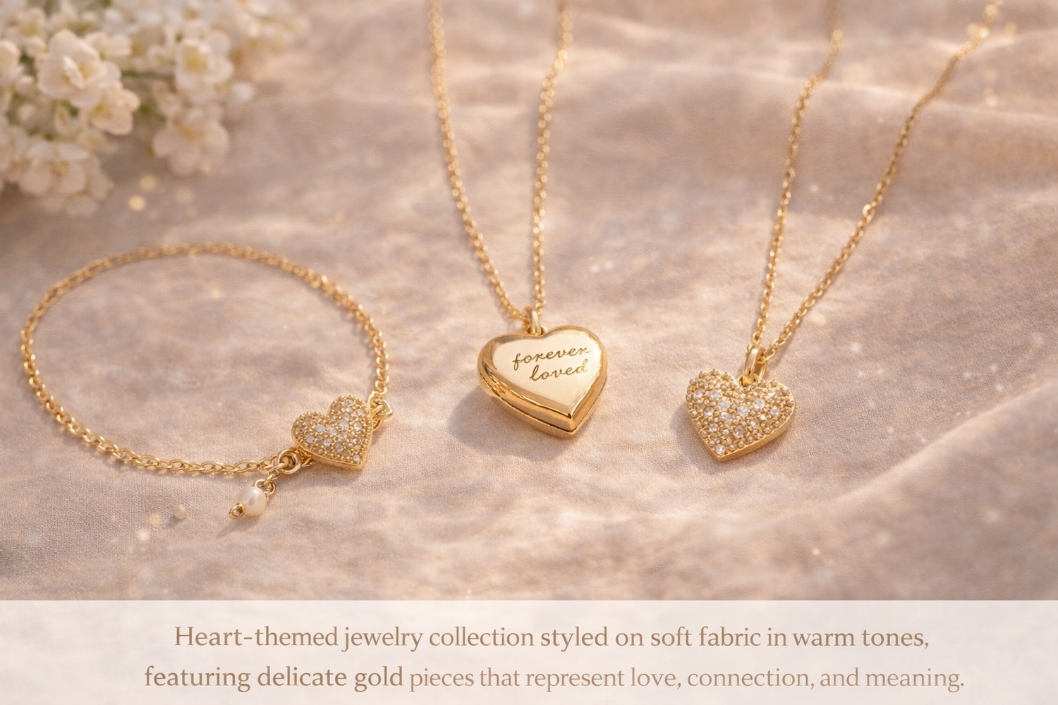 Heart-themed gold jewelry collection styled on soft blush fabric, featuring delicate necklaces and bracelets symbolizing love, connection, and intention.