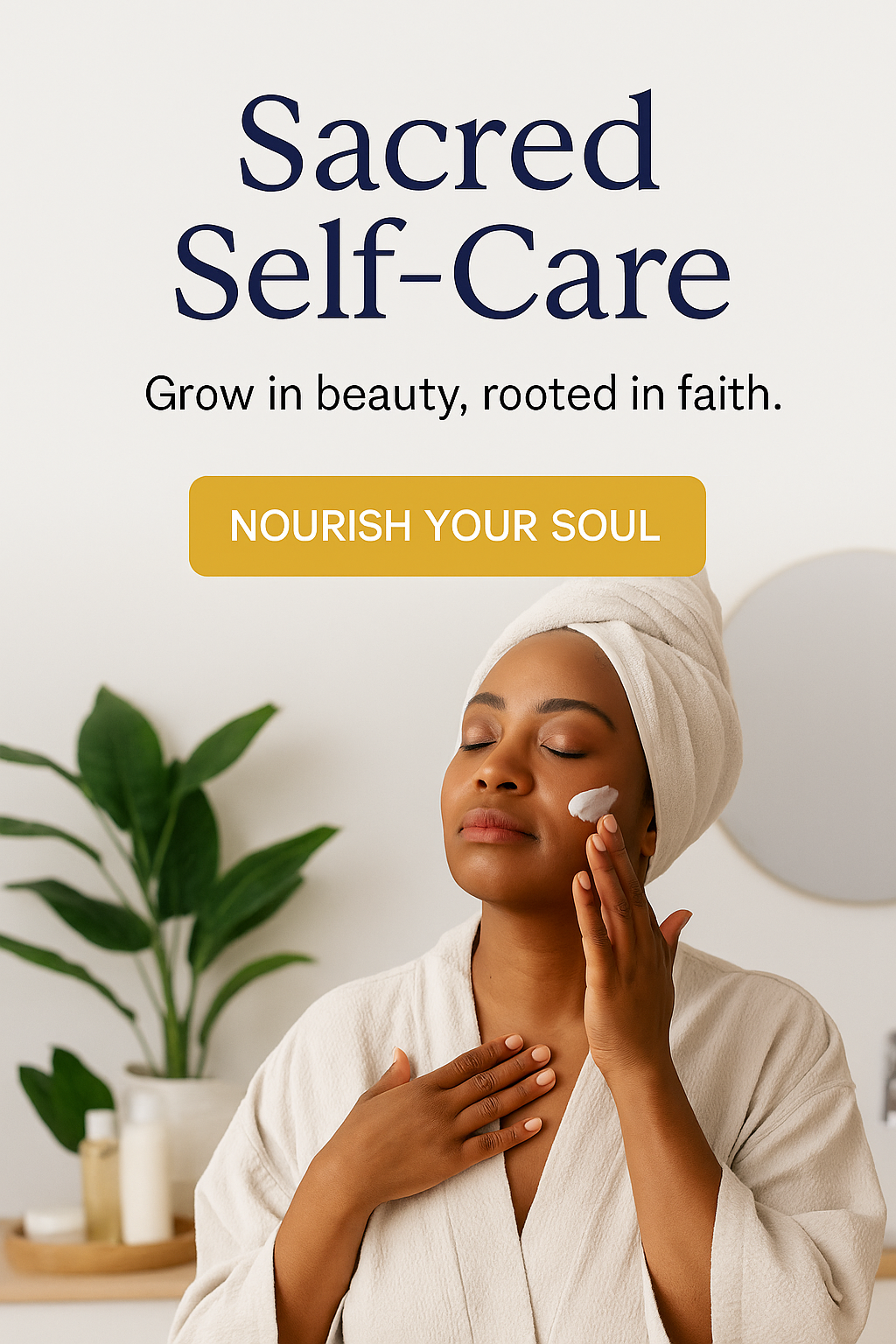 Woman in a white robe applying skincare cream with eyes closed beneath the words ‘Sacred Self-Care – Grow in beauty, rooted in faith,’ symbolizing peace, restoration, and spiritual self-care.