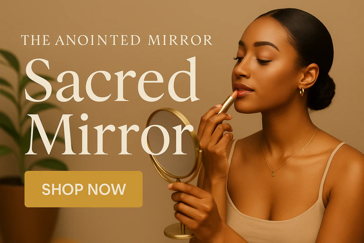 Woman applying lipstick in front of a mirror under the words ‘The Anointed Mirror – Sacred Mirror, Shop Now,’ representing faith-based beauty, self-worth, and confidence rooted in God’s truth