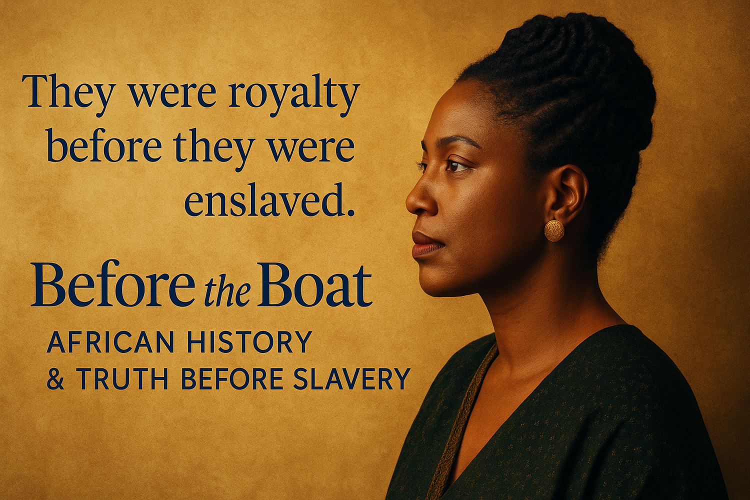 Woman with natural hair in profile against a golden background beside the words ‘They were royalty before they were enslaved – Before the Boat,’ symbolizing ancestral pride, divine identity, and African history before slavery