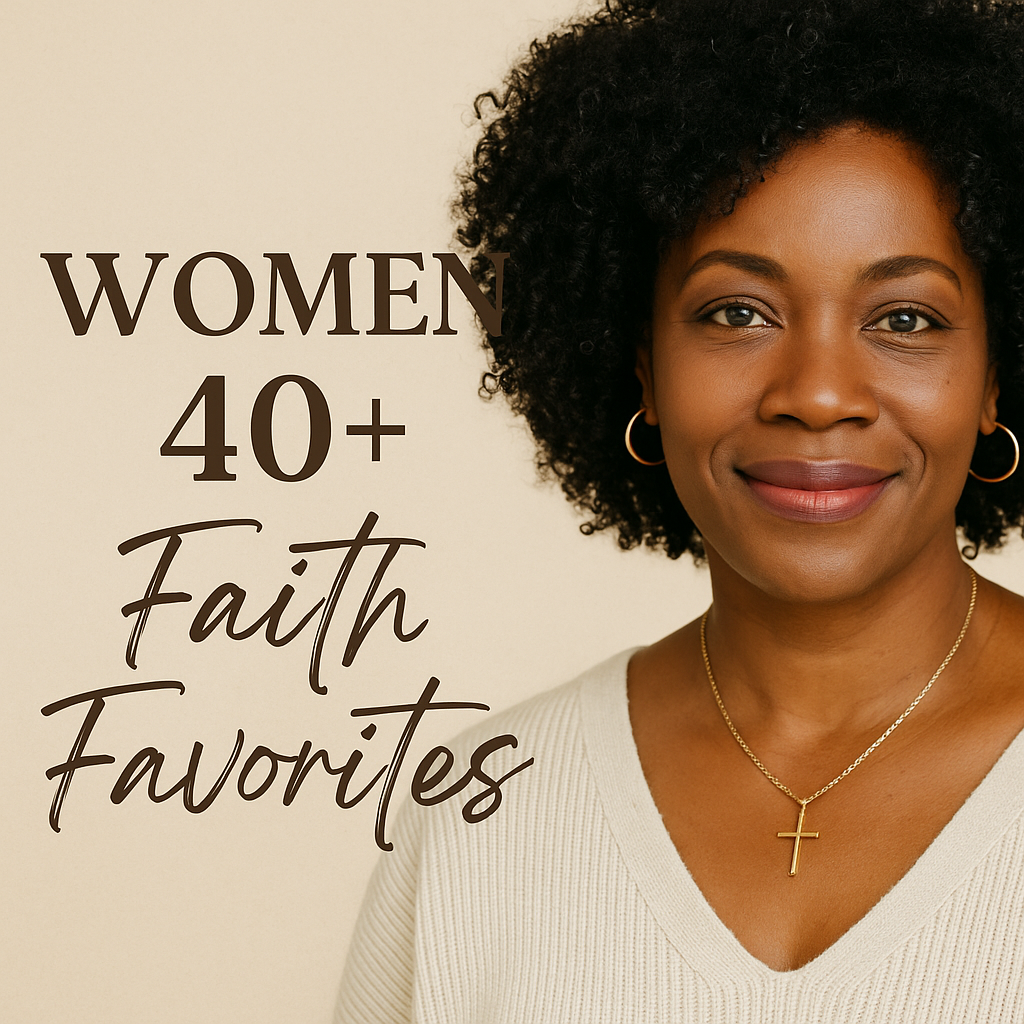 Confident woman wearing a gold cross necklace on a soft beige background with the words ‘Women 40+ Faith Favorites’ — representing faith, beauty, and empowerment from Perfectly Balanced Beauty