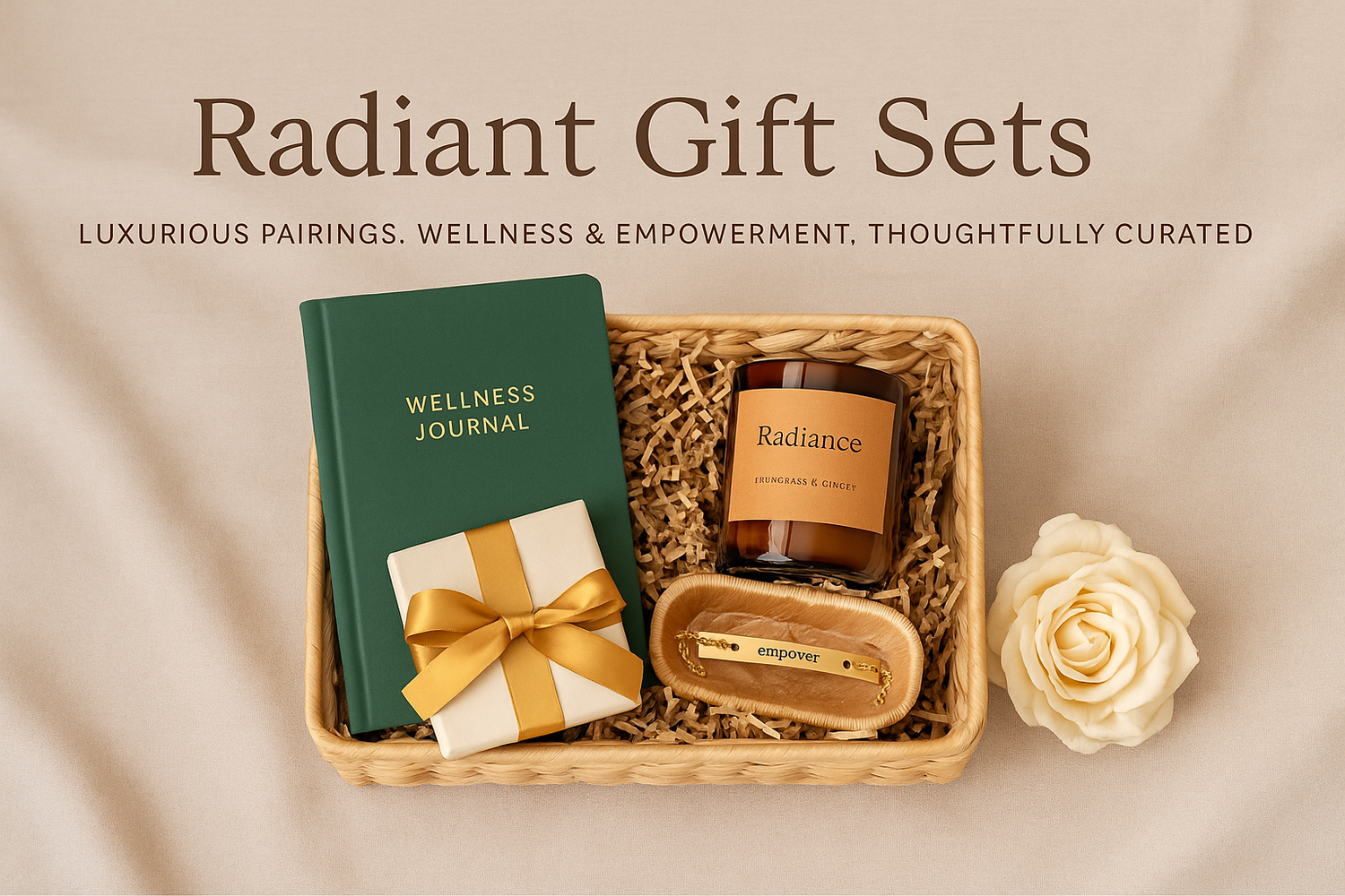 Banner with Radiant Gift Sets arranged in a woven basket on beige fabric: green wellness journal, gold-ribbon box, amber Radiance candle, and gold empower bracelet beside an ivory rose under the title Radiant Gift Sets.