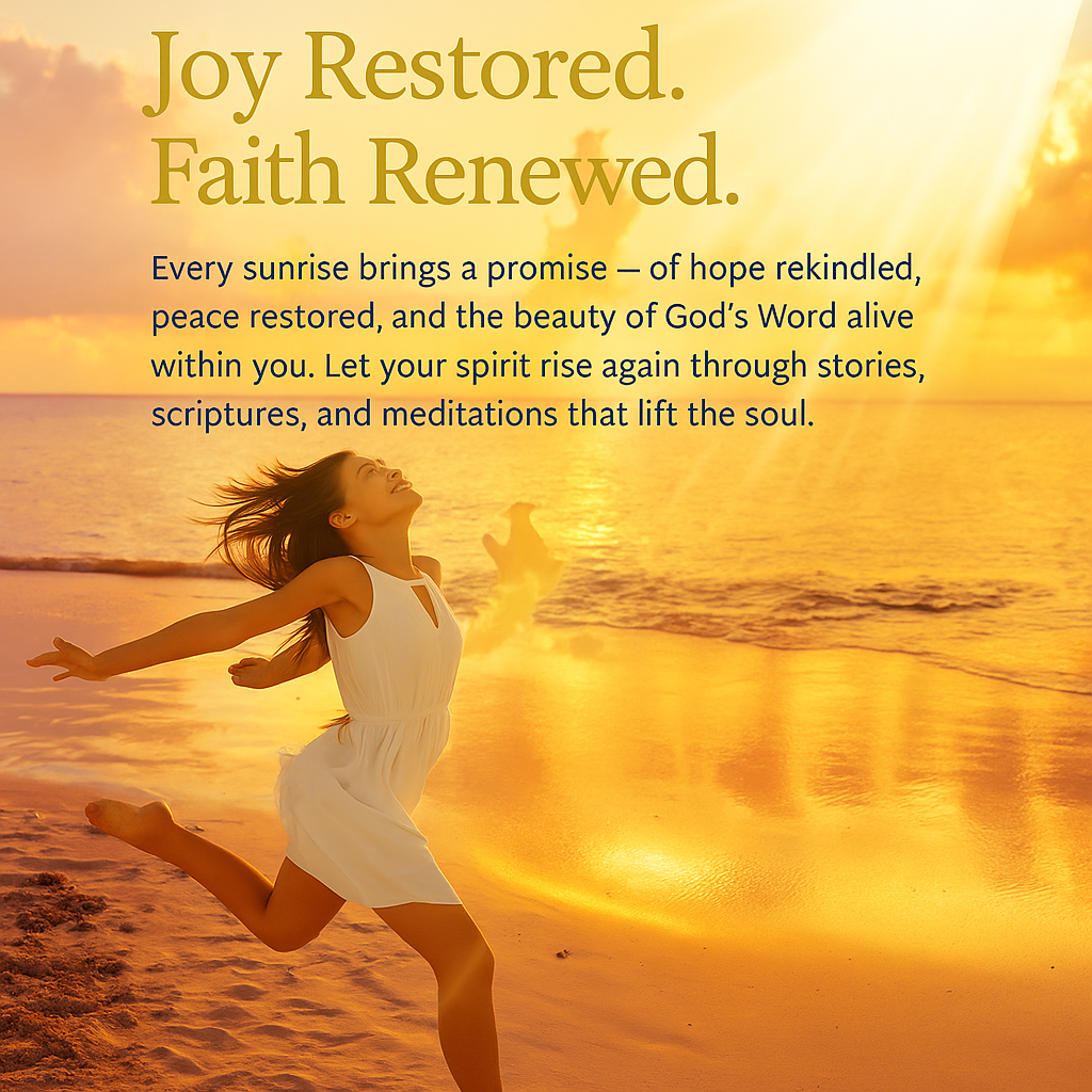 A joyful woman in a white dress leaps along the beach at sunrise, radiant in golden light. The scene symbolizes renewal, peace, and the uplifting power of faith — reflecting joy restored and faith renewed.