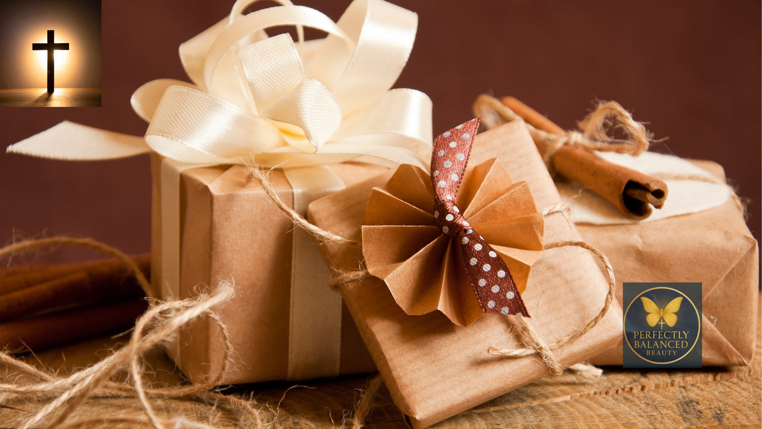 Elegant Christian gift scene with beautifully wrapped presents, a glowing cross in the background, and cinnamon sticks on a rustic surface, symbolizing warmth, gratitude, and the spirit of giving through faith