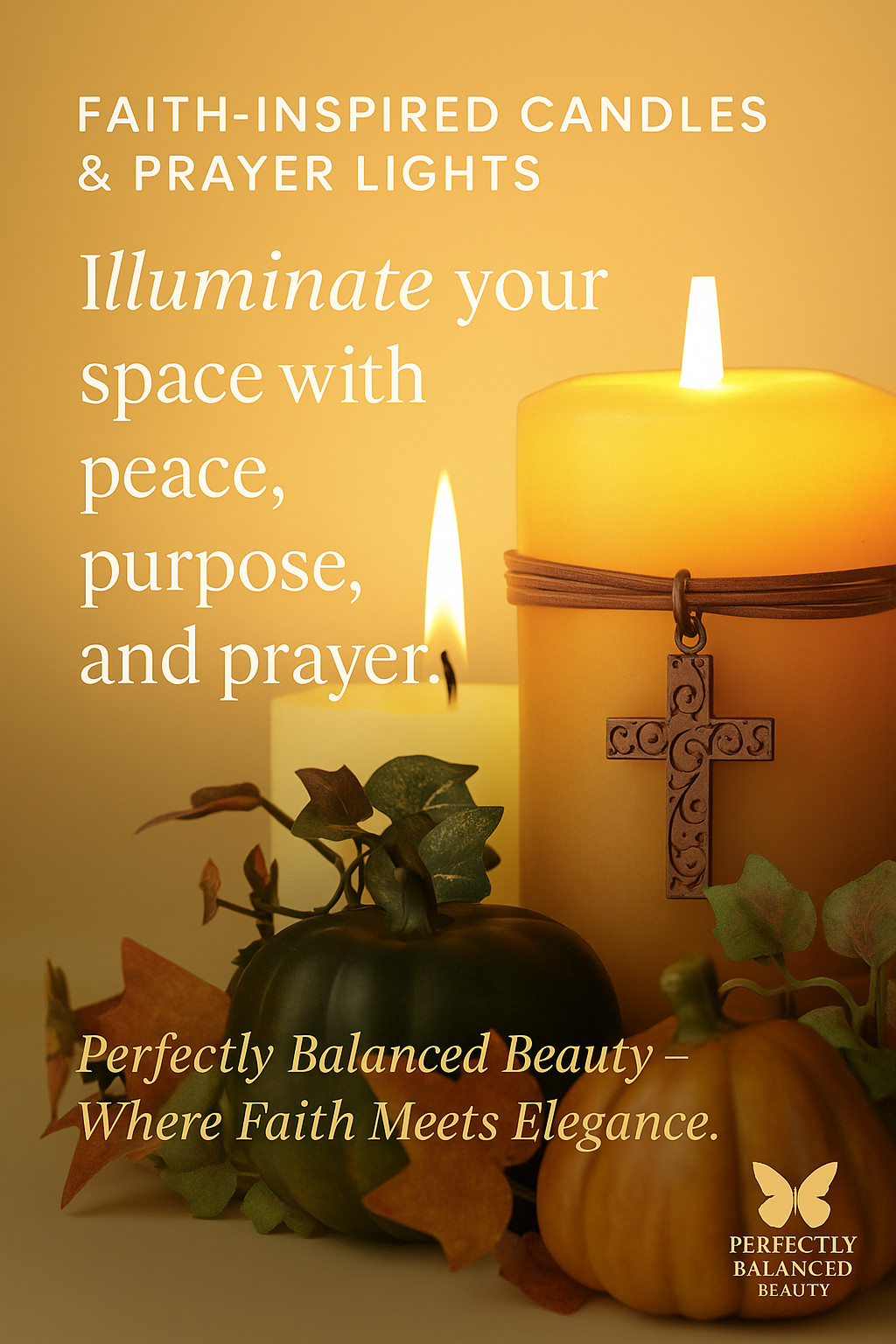 Two glowing candles with a bronze cross and soft greenery, symbolizing peace and prayer. Text reads ‘Faith-Inspired Candles & Prayer Lights – Illuminate your space with peace, purpose, and prayer.’ Warm golden light, serene atmosphere.