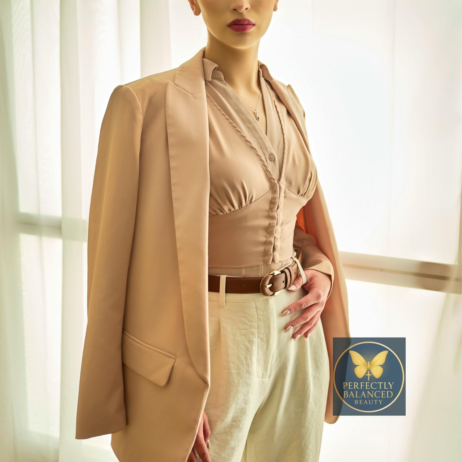 Faith-inspired women’s fashion for ages 40 and over — elegant neutral outfit with tailored jacket and belted pants, representing purpose-driven confidence and style.