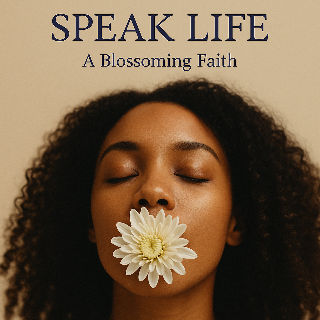 Woman with eyes closed and a white flower covering her mouth beneath the words ‘Speak Life: A Blossoming Faith,’ symbolizing spiritual growth, renewal, and the power of words from Perfectly Balanced Beauty