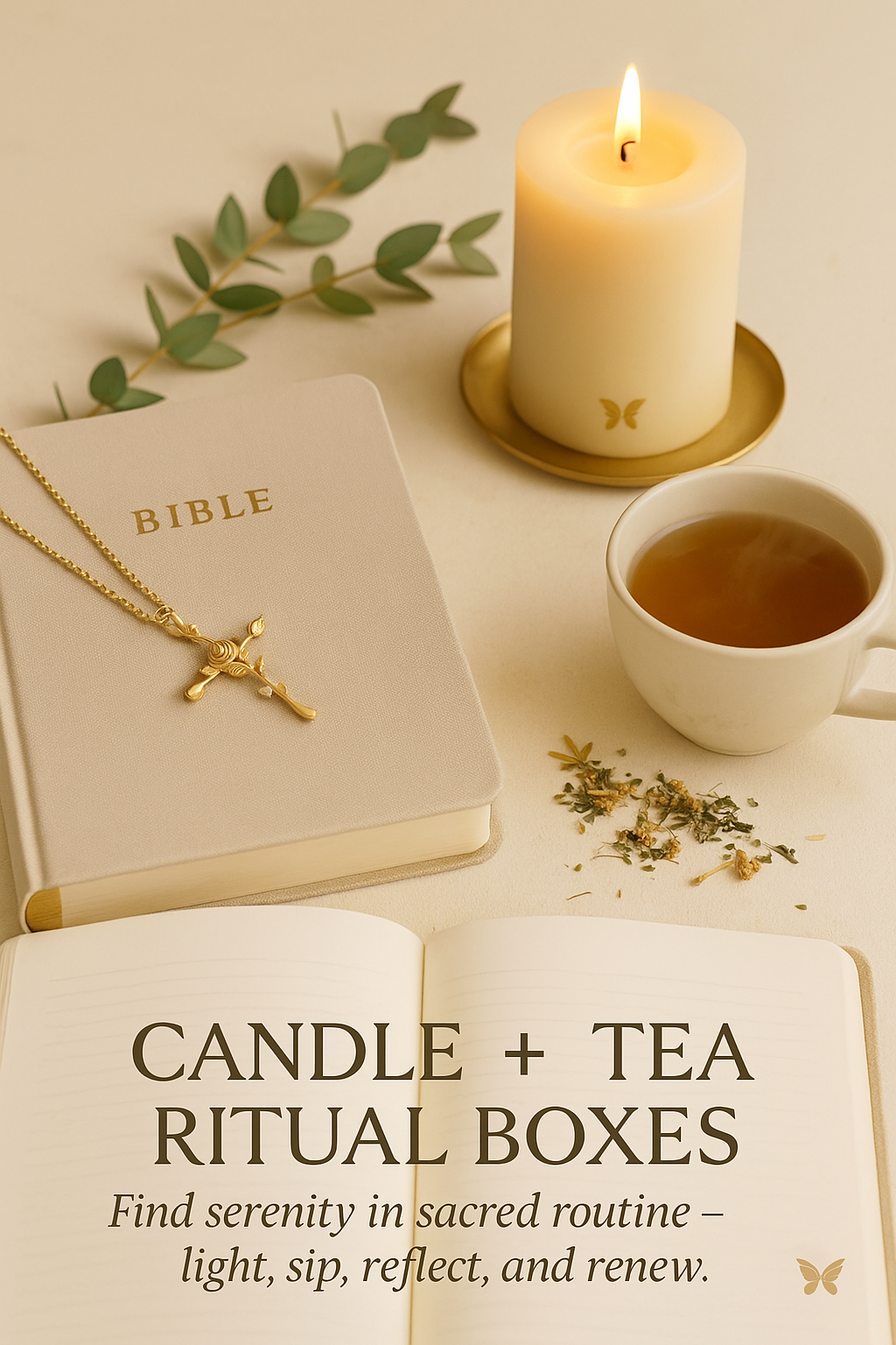 “Serene flat lay with a glowing candle, steaming tea, open journal, and dried herbs on a soft beige surface. Warm golden light creates a calm, faith-inspired atmosphere, symbolizing reflection and renewal for the Candle + Tea Ritual Boxes collection.”