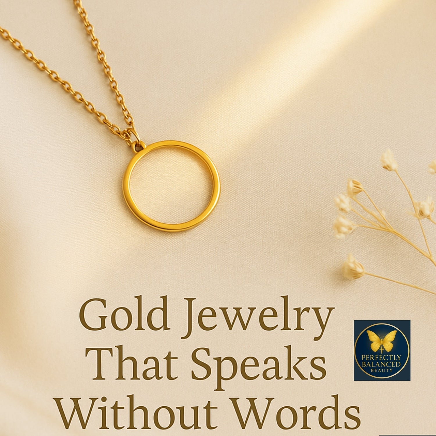 Minimalist gold necklace on a soft cream background with delicate floral accents — faith-inspired jewelry that symbolizes elegance, purpose, and quiet strength.