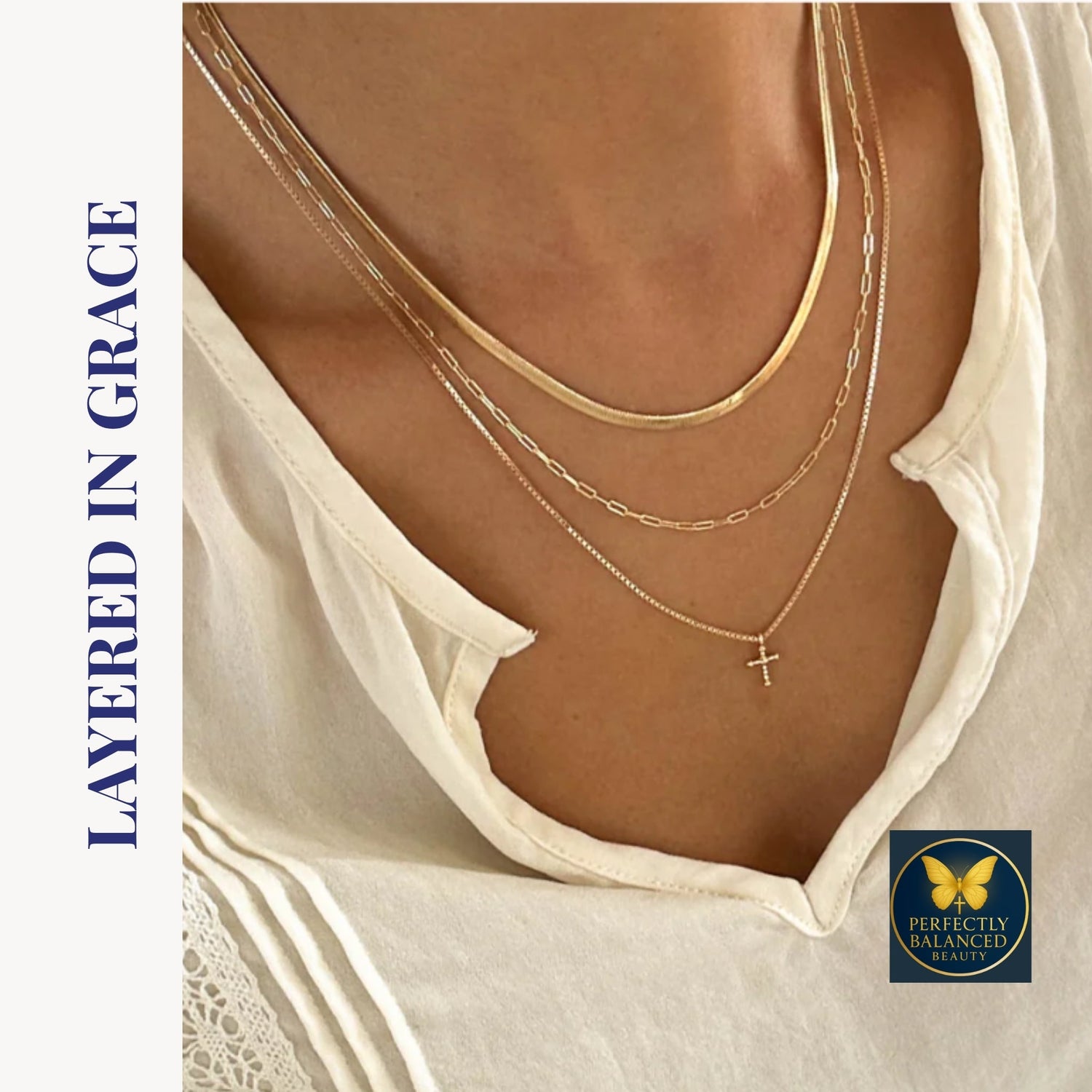 Woman wearing layered gold necklaces with a small cross pendant over a white blouse — faith-inspired fall fashion jewelry symbolizing grace, simplicity, and divine confidence.