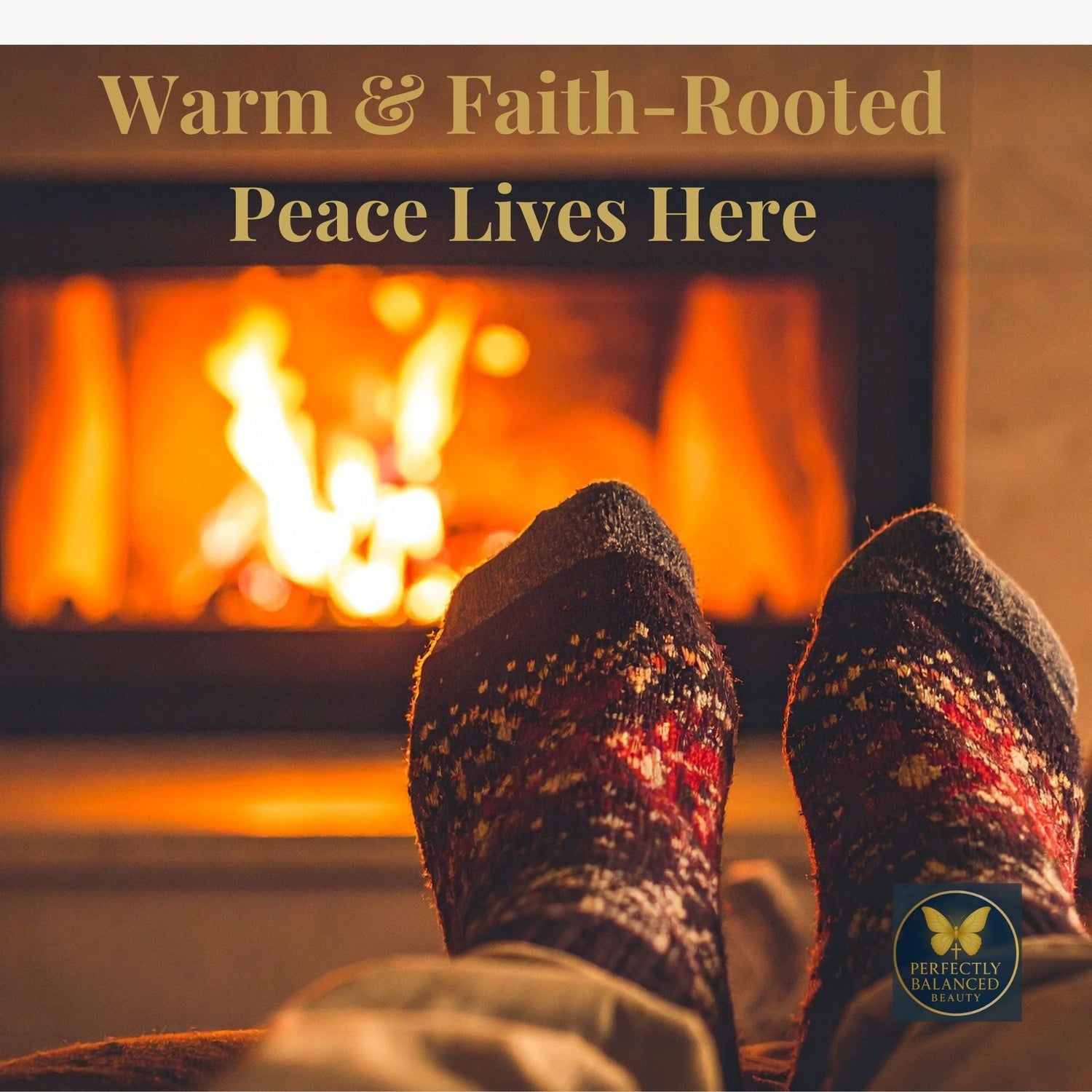 Faith-inspired home décor banner showing cozy socks by a glowing fireplace with the words “Warm & Faith-Rooted, Peace Lives Here.” Symbolizes comfort, serenity, and divine ambience within the Perfectly Balanced Beauty brand.