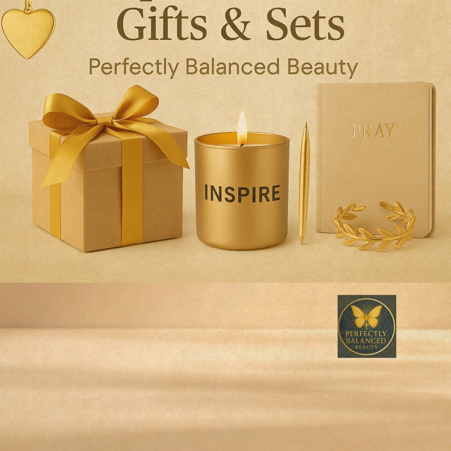 Golden banner with gift box, candle labeled ‘INSPIRE,’ and journal ‘PRAY,’ titled ‘Empowerment Gifts & Sets’—faith-inspired gifting from Perfectly Balanced Beauty