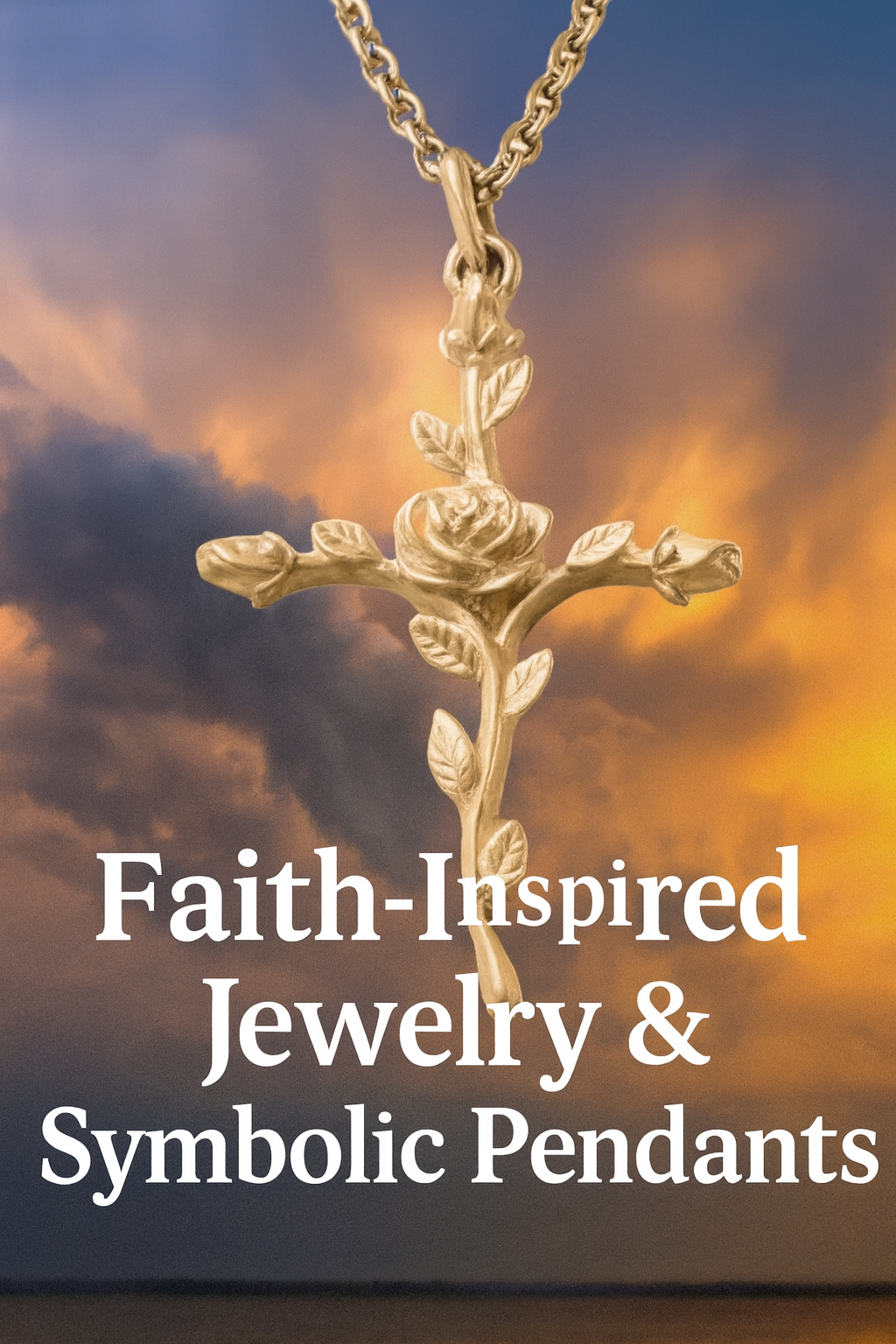 Elegant gold cross pendant intertwined with a rose vine on a soft ivory background — faith-inspired jewelry symbolizing love, sacrifice, and divine beauty.