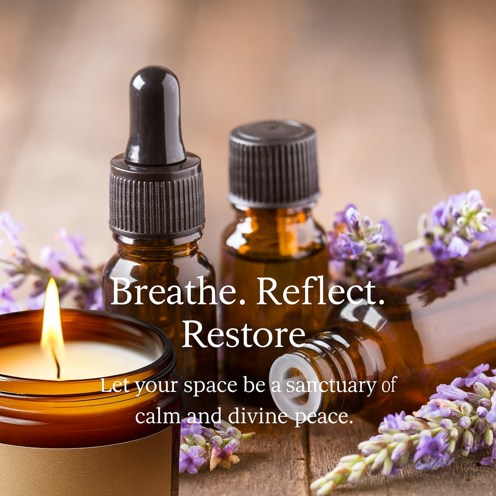 Faith-inspired aromatherapy candle glowing softly beside an open journal and cup of tea, symbolizing peace, prayer, and renewal in a calm, golden-lit space.