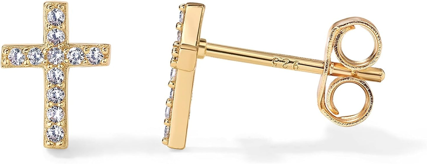 14K Gold Plated Sterling Silver Posts Cross Earrings for Women | Small Religious Faith Cubic Zirconia Cross Studs Huggies Earrings