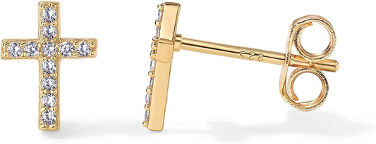 14K Gold Plated Sterling Silver Posts Cross Earrings for Women | Small Religious Faith Cubic Zirconia Cross Studs Huggies Earrings