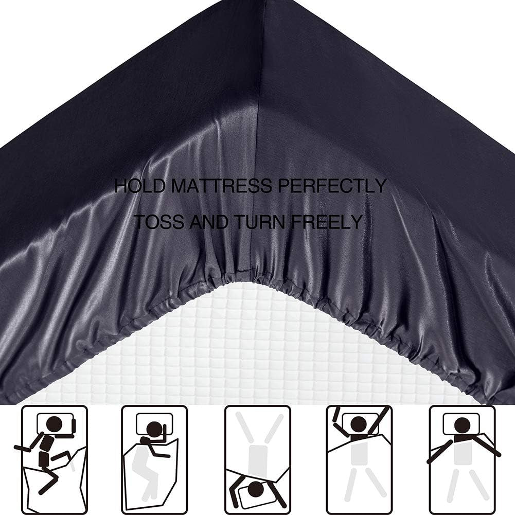 Satin Bed Sheets Queen Sheet Set, Black Silk Sheets, 4 - Pieces Soft Bedding Set with 1 Deep Pocket Fitted Sheet,1 Flat Sheet,2 Pillowcase