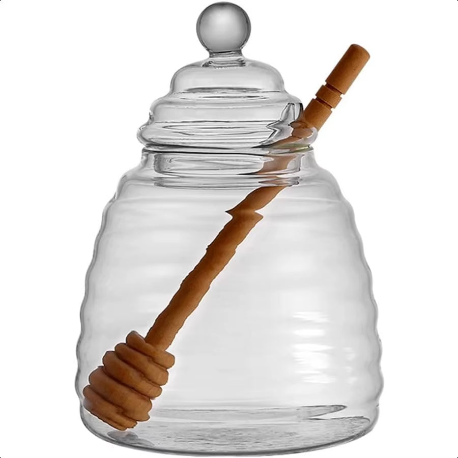 16.9 Oz Honey Pot with Dipper Glass Honey Jar and Dipper Set Honey Dispenser Beehive Honey Pot for Store Honey and Syrup Wooden