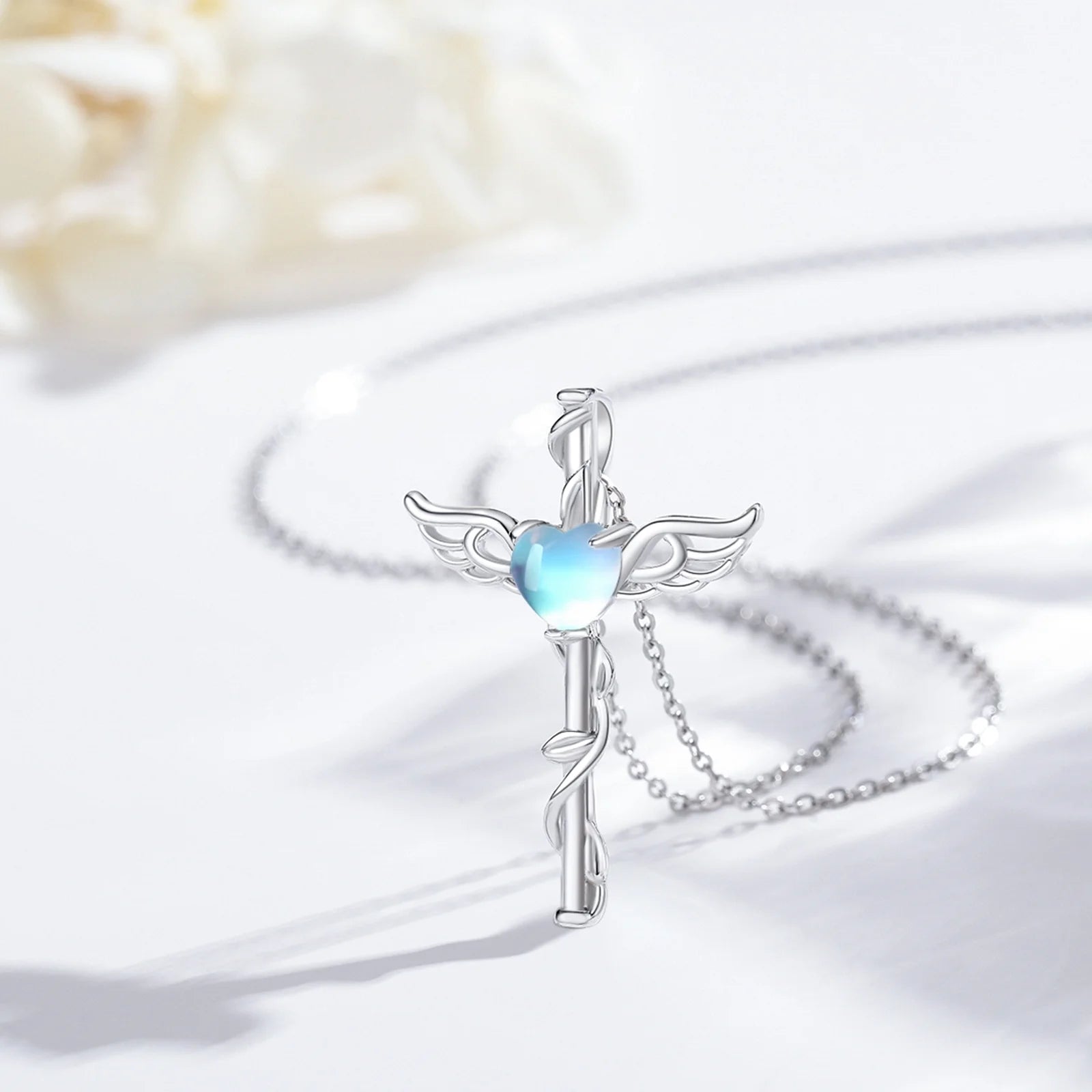 Angel Wing Cross Necklace 925 Sterling Silver Moonstone Cross Crucifix Pendant Necklace Guardian Angel Wings Necklace Cross Jewelry Gifts for Women
