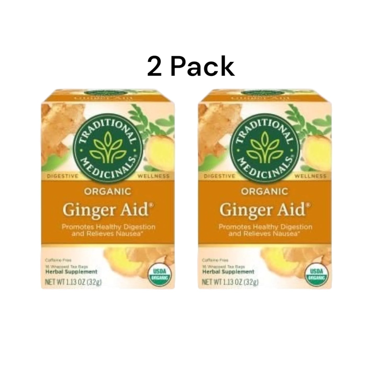 ( 2 Pack ) Traditional Medicinal Herbal Ginger Aid, Organic Tea Bags, 16 Count